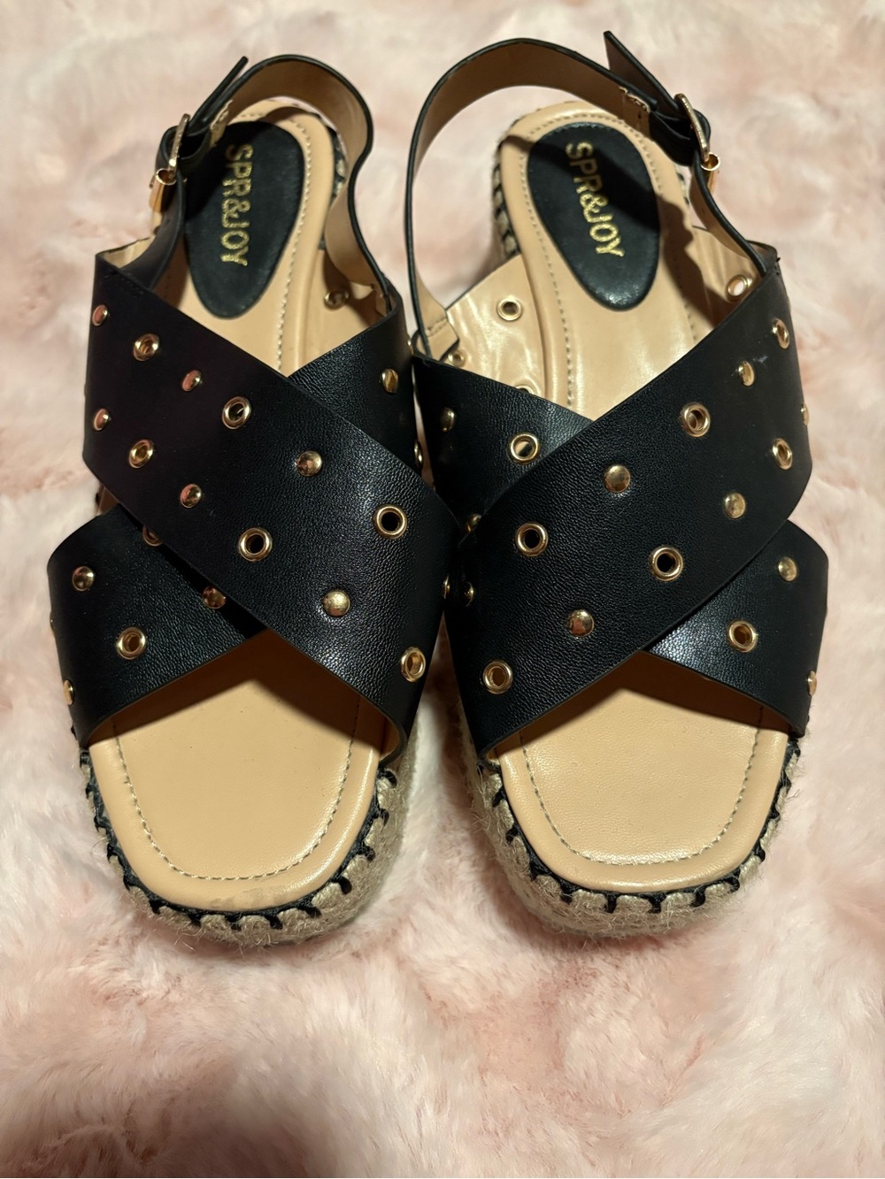 SPR & JOY Black with Gold Eyelet Crisscross Platform Sandals